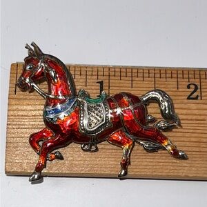Red Enamel Frisky Horse Brooch Made In Siam Sterling  6g Collectible And Cheery!